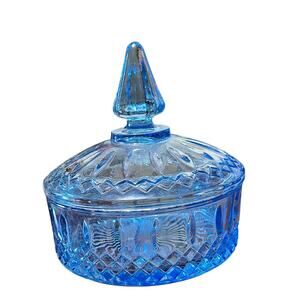 Vintage Blue Indiana Glass Diamond Point Covered Candy Dish